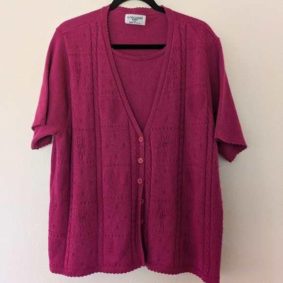 Vintage Alfred Dunner Hot Pink Heart Floral Knit Cardigan Teacher Valentine 2X - Picture 1 of 11
